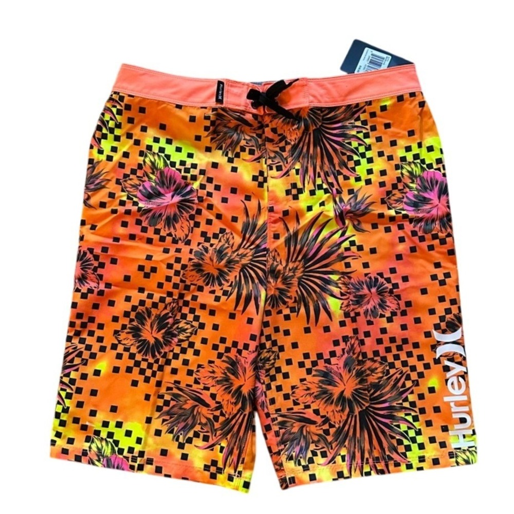 Hurley‎ Bright Neon Floral Checkered Swim Trunks Boy's Size 20/30
